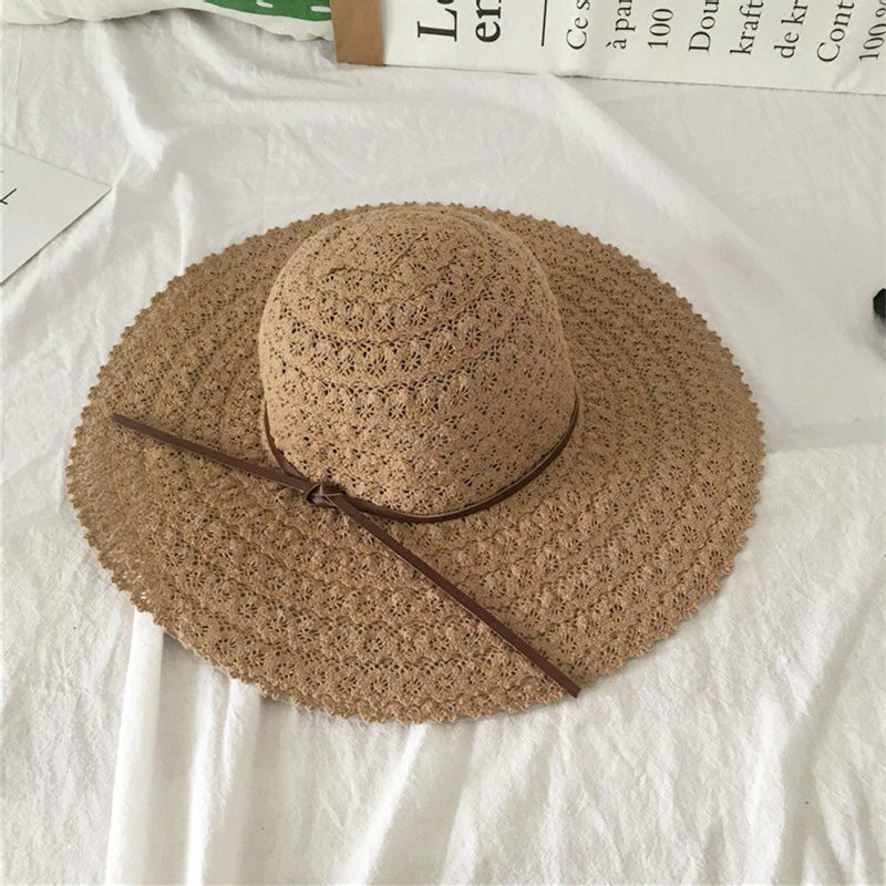 Korean Style New Summer Hollow Lace Straw Hat Wide Brim Sun Shade Vacation Sun-Proof Beach Hat Simple Paper Bow Hat