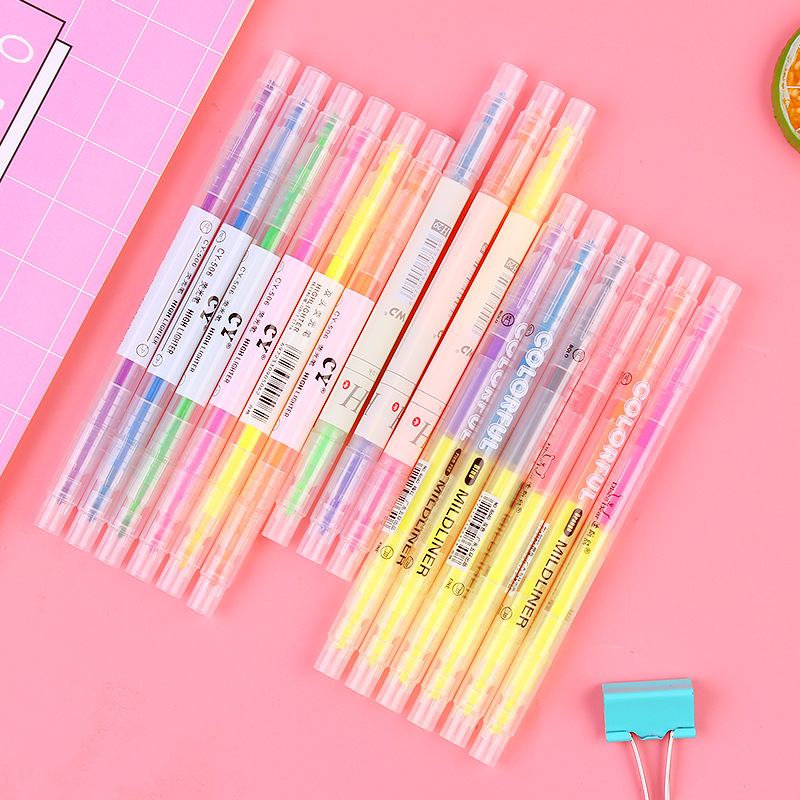 Korean Creative Double-Headed Two-Color Fluorescent Pen 6-Piece Student Stationery Sentence Marking Pen Color Oblique Head Marker