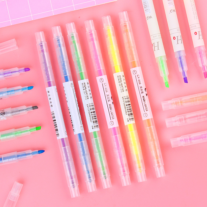 Korean Creative Double-Headed Two-Color Fluorescent Pen 6-Piece Student Stationery Sentence Marking Pen Color Oblique Head Marker