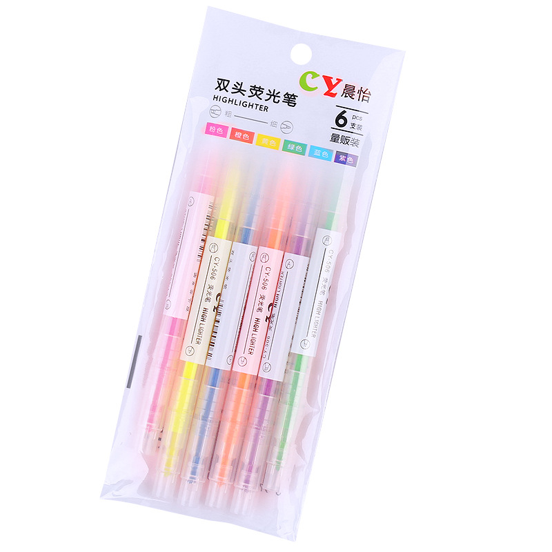 Korean Creative Double-Headed Two-Color Fluorescent Pen 6-Piece Student Stationery Sentence Marking Pen Color Oblique Head Marker