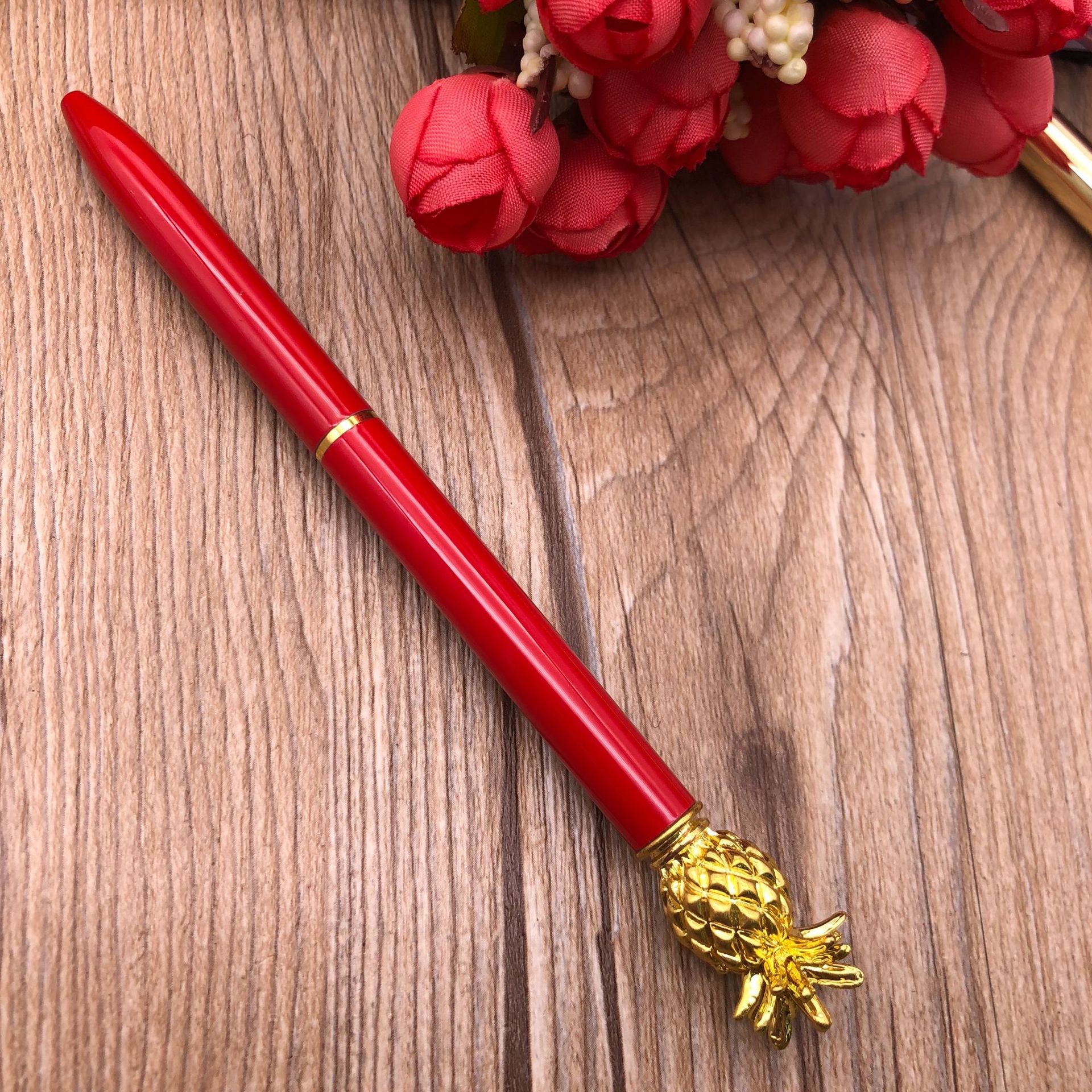 Cross-Border Supply Factory Wholesale Pineapple Pen Metal Ball Point Pen Rotary Gift Advertising Marker Spot Customizable Logo