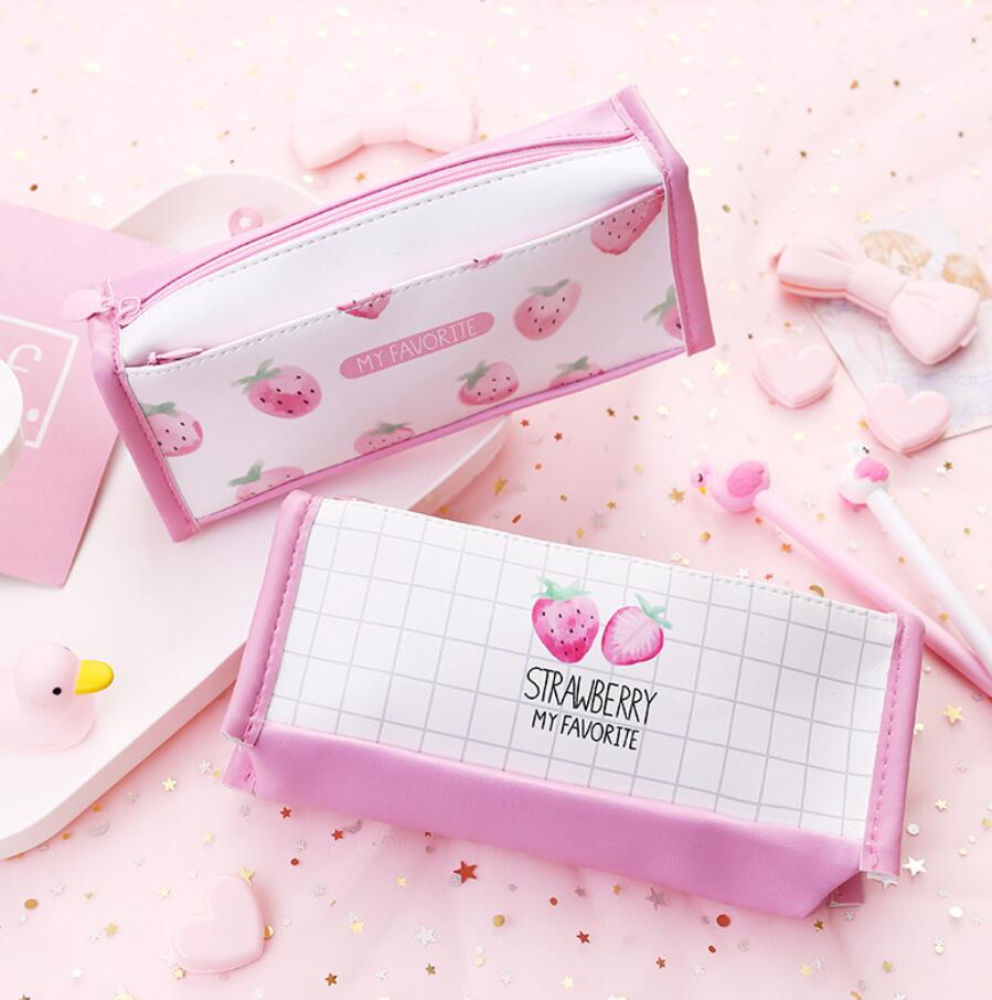 Korean creative pen bag small fresh girl powder strawberry large capacity student pen bag square stationery storage box