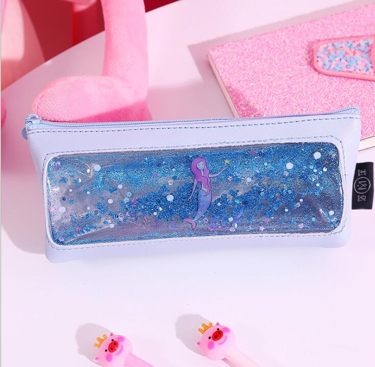 Creative  transparent pen bag quicksand simple leather small fresh students large capacity pencil case customization