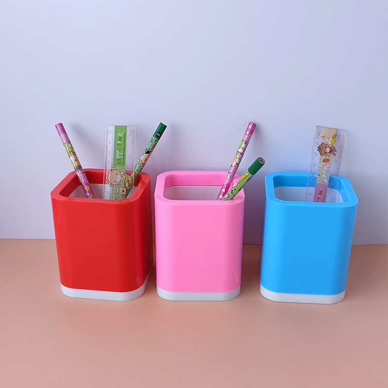 Plastic Square Solid Color Double-Layer Children's Handmade Creative DIY Pen Holder Brickearth Toy Pen Holder Storage Pencil Case Wholesale