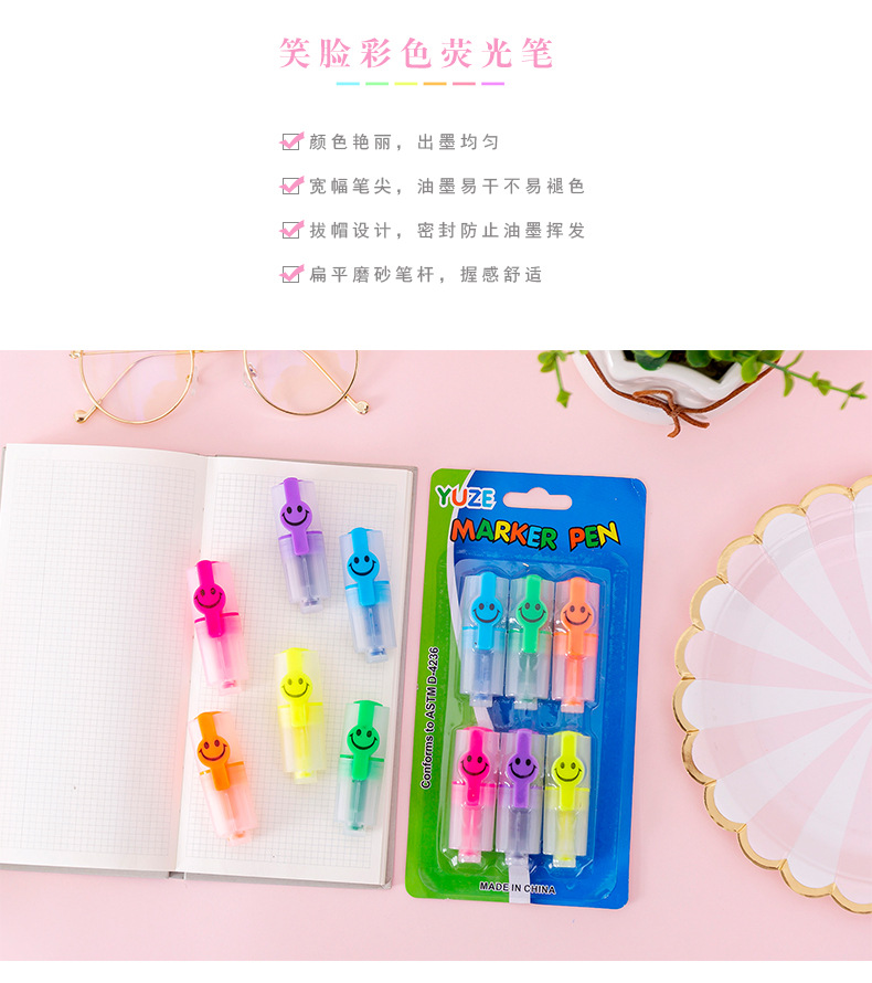 Creative smiley face highlighter 6 small mini color diagonal pen students highlight marker pen