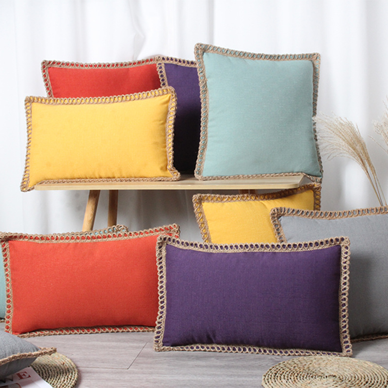 Amazon Home Cotton and Linen Trim Pillow Living Room Decoration Couch Pillow Back Seat Cushion Support Customization