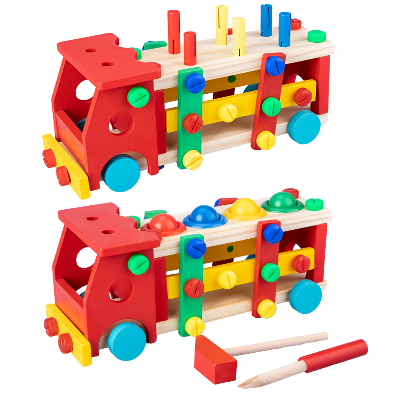 Variety Multi-Functional Wooden Nut Disassembly Wooden Pile Screw Car with Tools Children&#039;s Early Childhood Education Wooden Toys