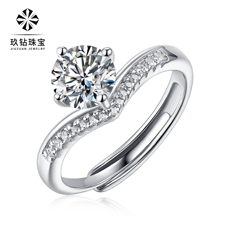 Ring S925 Silver Inlay Moissanite Ring Open Mouth Extended Arm Simple Six-Claw Ring Support Jewelry Live Broadcast Spot
