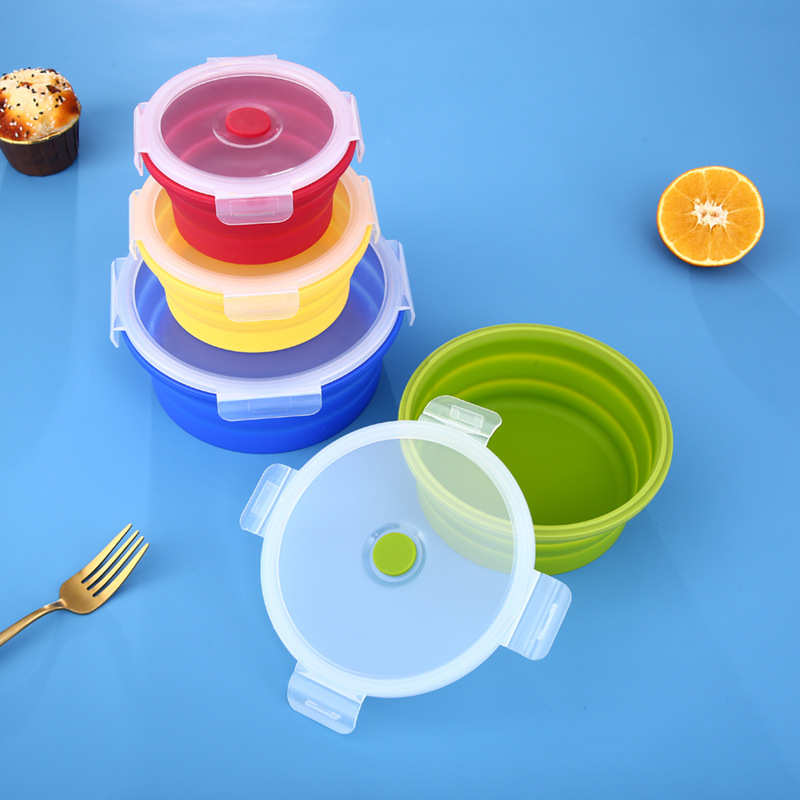 Four-Piece round Silicone Folding Lunch Box Microwave Bento Box Freshness Bowl Insulated Lunch Box Support Logo