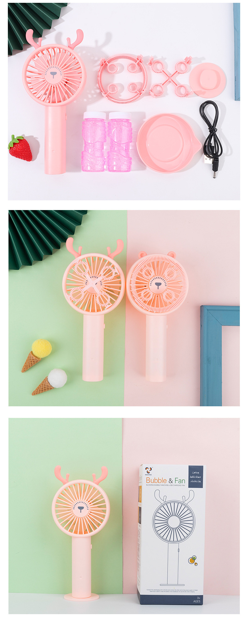 Cartoon Bubble Machine Fan Beach Outdoor Mini Electric Bubble Blowing Toy Handheld Desktop USB Electric Fan