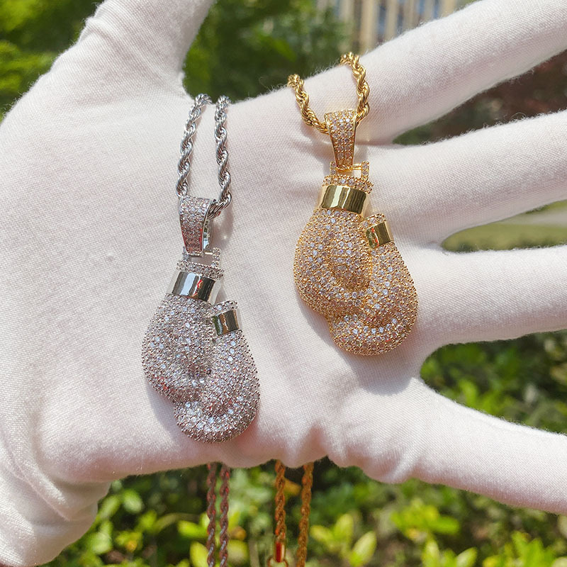 European Hip Hop Personality Boxing Gloves Boxing Glove Pendant Copper Zircon-Laid Necklace Cross-Border Hot Sale