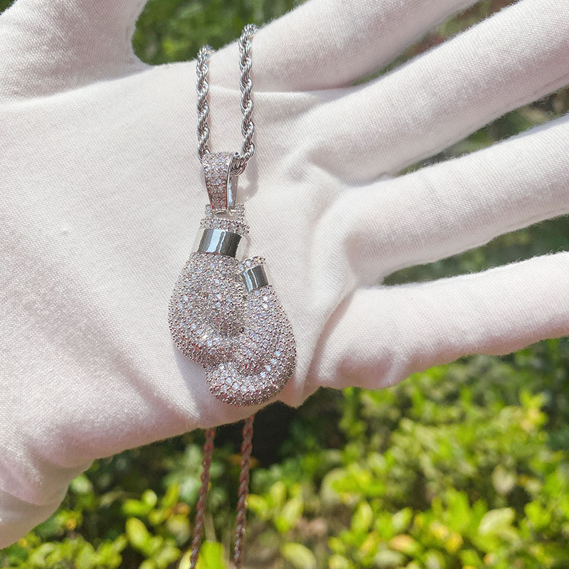 European Hip Hop Personality Boxing Gloves Boxing Glove Pendant Copper Zircon-Laid Necklace Cross-Border Hot Sale