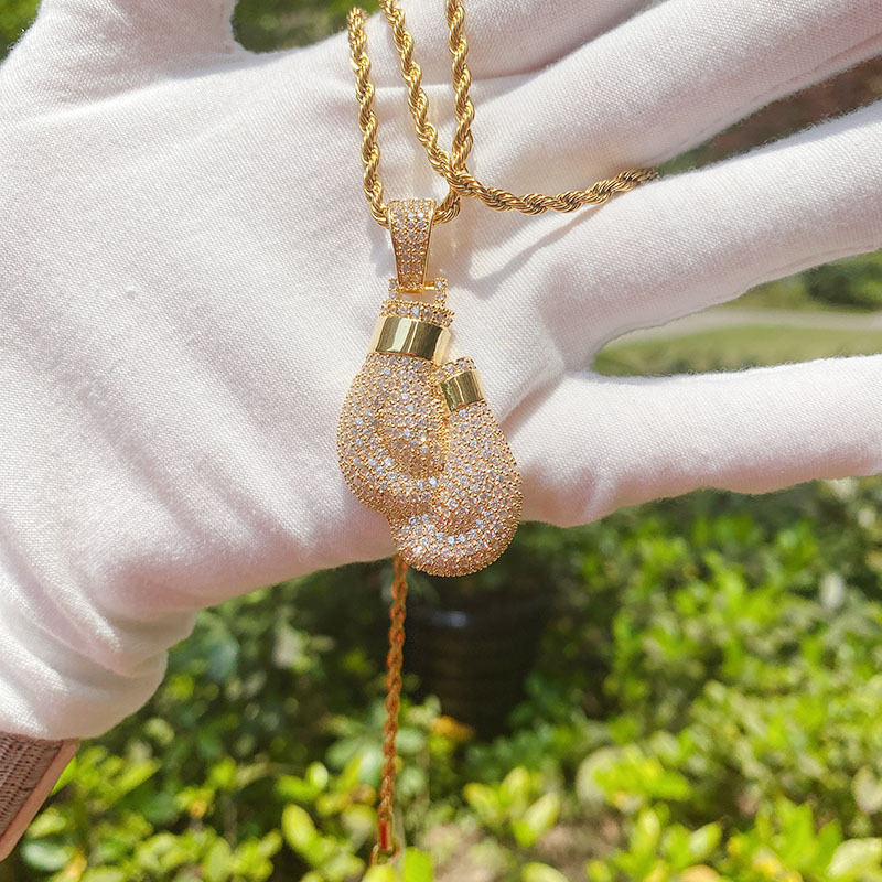 European Hip Hop Personality Boxing Gloves Boxing Glove Pendant Copper Zircon-Laid Necklace Cross-Border Hot Sale