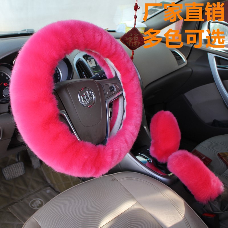 Factory Direct Supply Winter Imitation Fur Steering Wheel Three-Piece Set Shift Knob Cover Car Warm Long Wool Handle Cover
