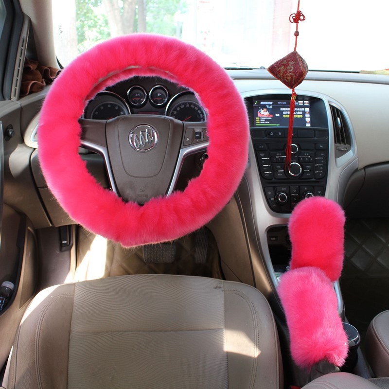Factory Direct Supply Winter Imitation Fur Steering Wheel Three-Piece Set Shift Knob Cover Car Warm Long Wool Handle Cover