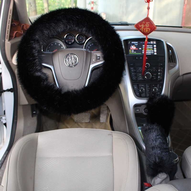 Factory Direct Supply Winter Imitation Fur Steering Wheel Three-Piece Set Shift Knob Cover Car Warm Long Wool Handle Cover