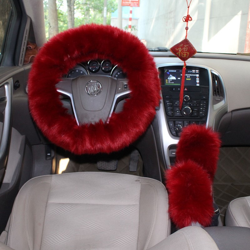 Factory Direct Supply Winter Imitation Fur Steering Wheel Three-Piece Set Shift Knob Cover Car Warm Long Wool Handle Cover