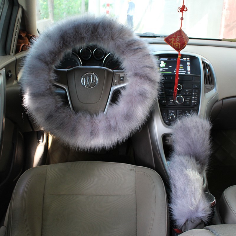 Factory Direct Supply Winter Imitation Fur Steering Wheel Three-Piece Set Shift Knob Cover Car Warm Long Wool Handle Cover