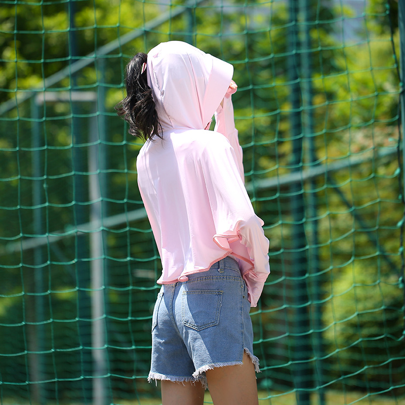 Outdoor Leisure Zipper Hat Big Brim Ice Silk Sun Protection Clothing Women's Summer Breathable Loose Long Sleeve Jacket Sun-Proof Clothing