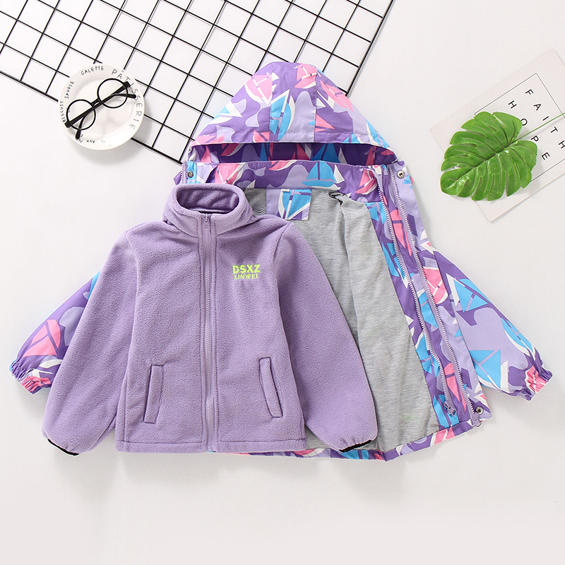 Girls&#039; Coat Autumn and Winter Clothing 2021 Middle and Big Children Fashionable Stylish Outdoor Windproof Clothing Children&#039;s Three-in-One Shell Jacket Tide