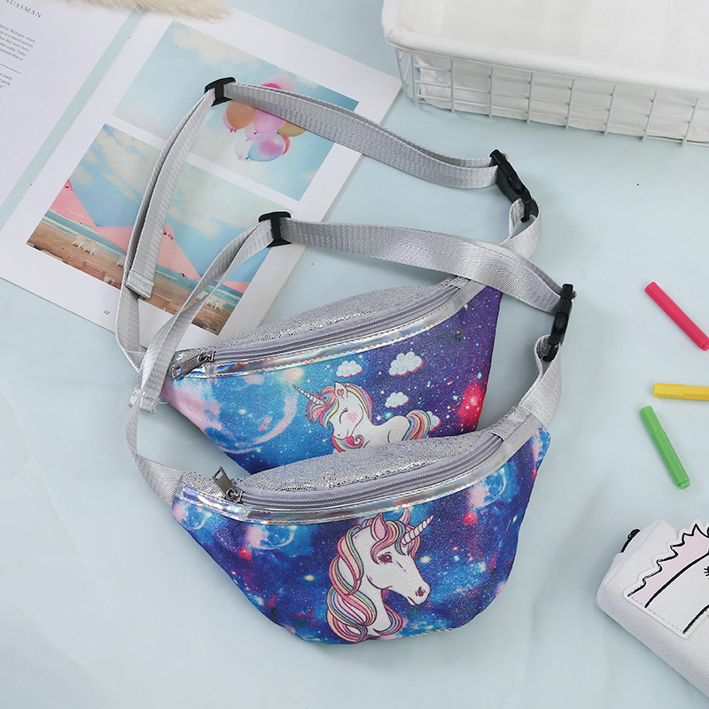 2021 Children's Unicorn Printed Sequined Cartoon Waist Bag Primary School Girls Mini Cute Chest Bag Shoulder Messenger Bag