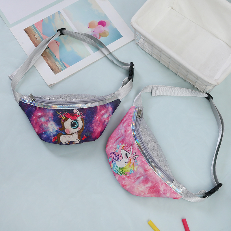 2021 Children's Unicorn Printed Sequined Cartoon Waist Bag Primary School Girls Mini Cute Chest Bag Shoulder Messenger Bag