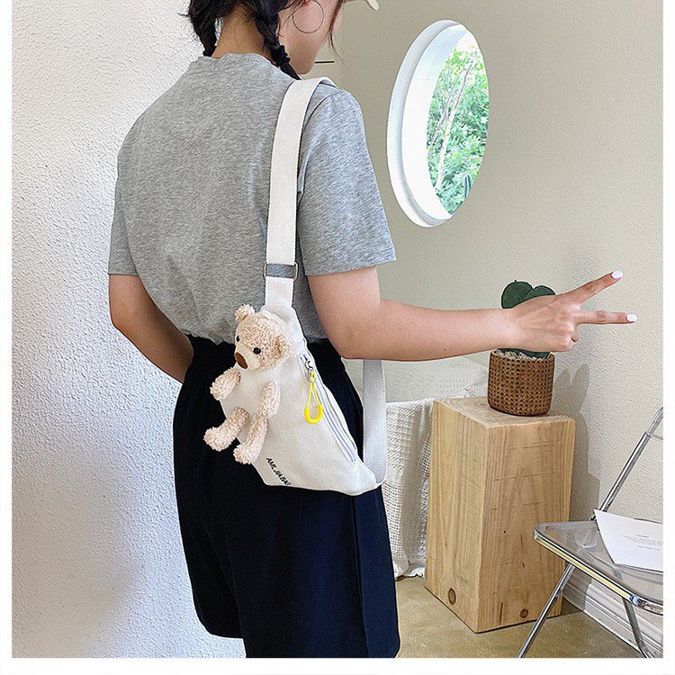 Cross-Border New Ladies' Purse Zipper Chest Bag Canvas with Dog Waist Bag Mobile Phone Waist Bag Sports Messenger Bag