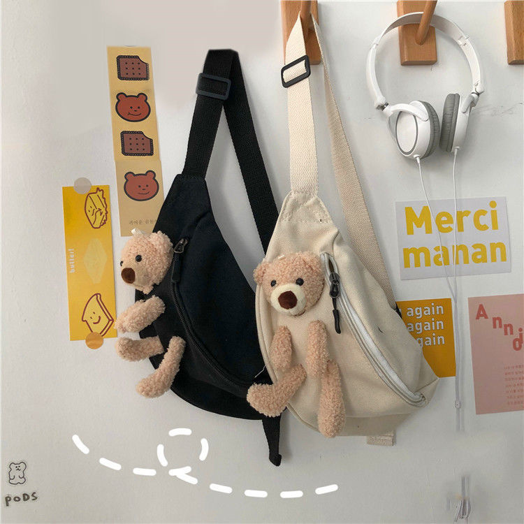 Japanese Style Students All-Matching Ins Crossbody Canvas Chest Bag for Women 2020 New Popular Online Popular Cute Bear Waist Bag