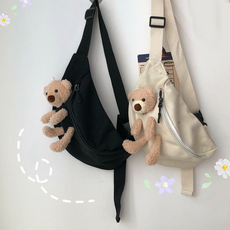 Japanese Style Students All-Matching Ins Crossbody Canvas Chest Bag for Women 2020 New Popular Online Popular Cute Bear Waist Bag