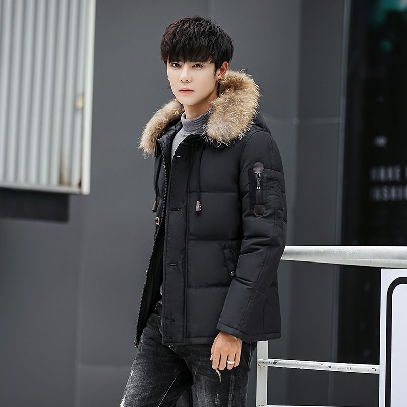 Outdoor down Jacket Men&#039;s Short Thickened White Duck down Fur Collar Hood Youth Student Winter Coat Thermal Cold-Proof Clothing