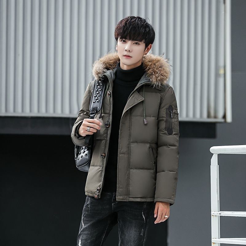 Outdoor down Jacket Men&#039;s Short Thickened White Duck down Fur Collar Hood Youth Student Winter Coat Thermal Cold-Proof Clothing