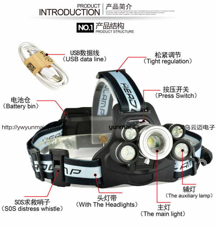 5LED headlight glare 3T6+2*XPE headlights with SOS distress whistle USB charging head lights
