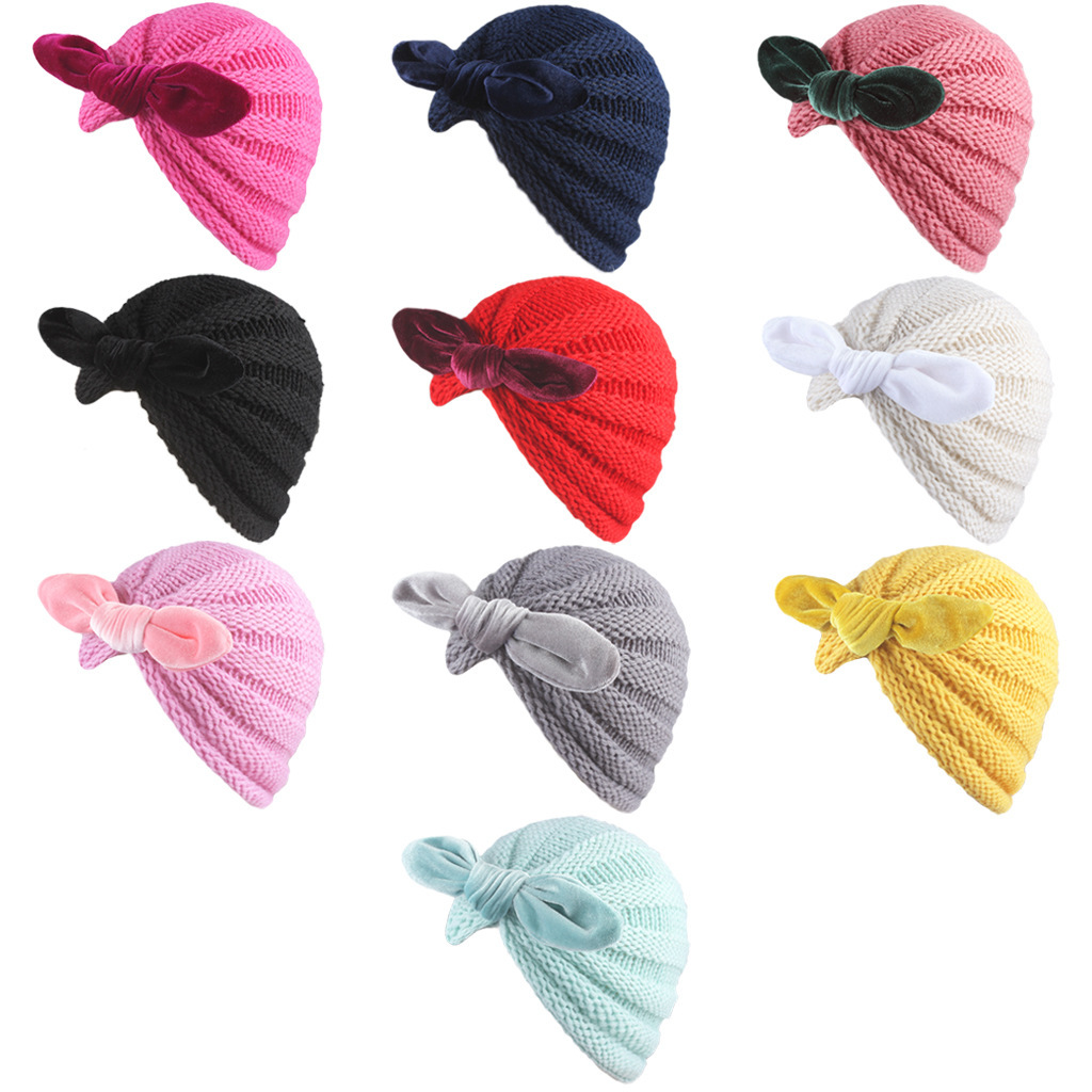 European and American 10 Colors Children&#039;s Gold Velvet Knotted Rabbit Ears Woolen Cap Baby Autumn and Winter Thermal Knitting