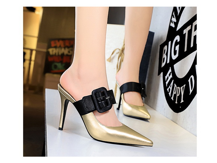 9551 Style Fashionable Simple Toe Cap Slipper Stiletto Heel Shallow Mouth Pointed Toe Strap Belt Buckle Women's Slippers