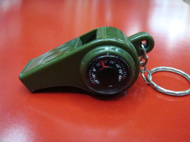 Outdoor multi-purpose survival whistle referee whistle compass/thermometer/coach triple whistle key chain