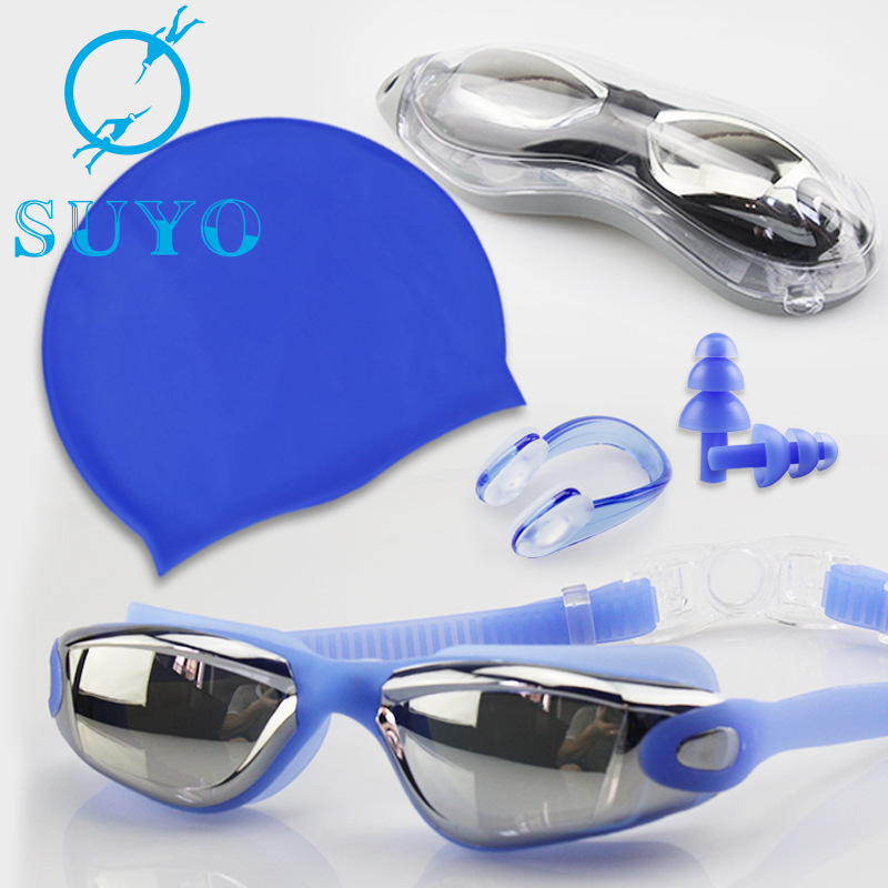 Swimming Goggles Set Adult Swimming Goggles Swimming Cap Waterproof Anti-Fog Silicone Swimming Goggles Electroplating HD Swimming Glasses Customizable