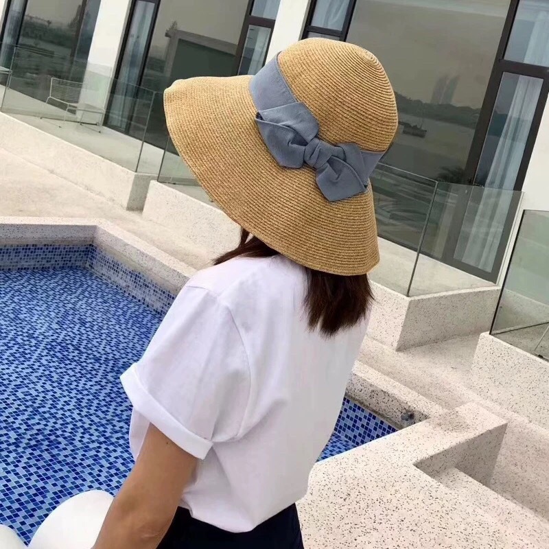 Sun Li Same Product Sun-Proof UV Japanese Paper Straw Hat Spring and Summer Foldable Bow Beach Bucket Hat Women