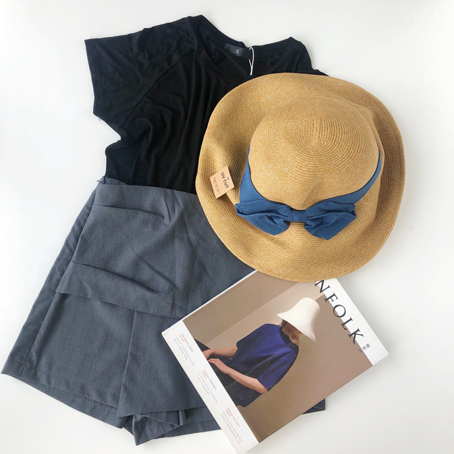 Sun Li Same Product Sun-Proof UV Japanese Paper Straw Hat Spring and Summer Foldable Bow Beach Bucket Hat Women