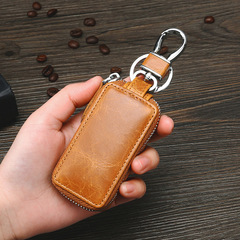 Retro Oil Wax Skin Car Key Case Foreign Trade Genuine Leather Double Zipper Multifunctional Car Key Case European and American Key Bag
