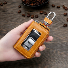 Retro Oil Wax Skin Car Key Case Foreign Trade Genuine Leather Double Zipper Multifunctional Car Key Case European and American Key Bag