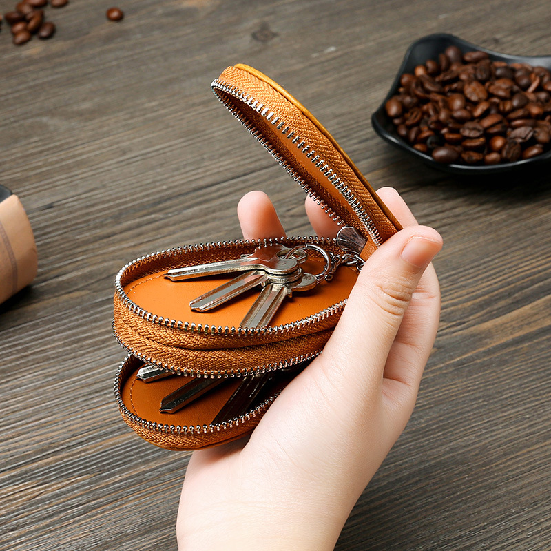 Retro Oil Wax Skin Car Key Case Foreign Trade Genuine Leather Double Zipper Multifunctional Car Key Case European and American Key Bag