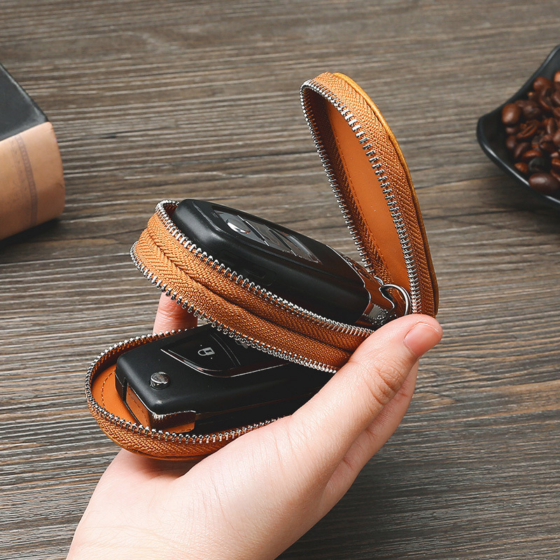 Retro Oil Wax Skin Car Key Case Foreign Trade Genuine Leather Double Zipper Multifunctional Car Key Case European and American Key Bag