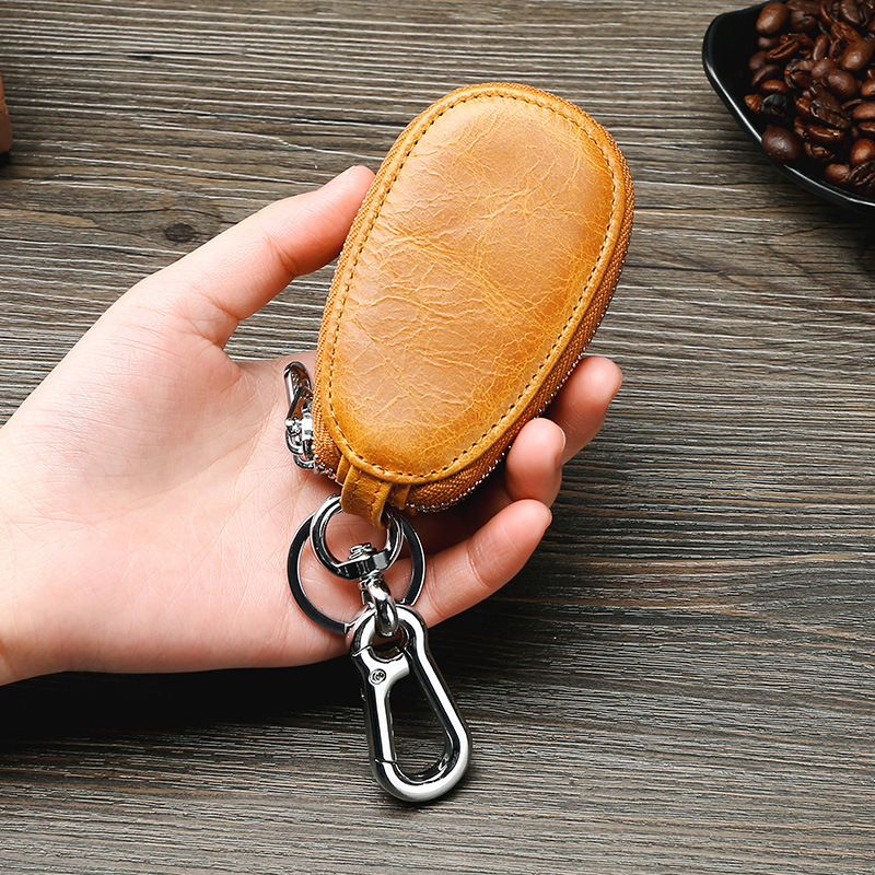 Retro Oil Wax Skin Car Key Case Foreign Trade Genuine Leather Double Zipper Multifunctional Car Key Case European and American Key Bag