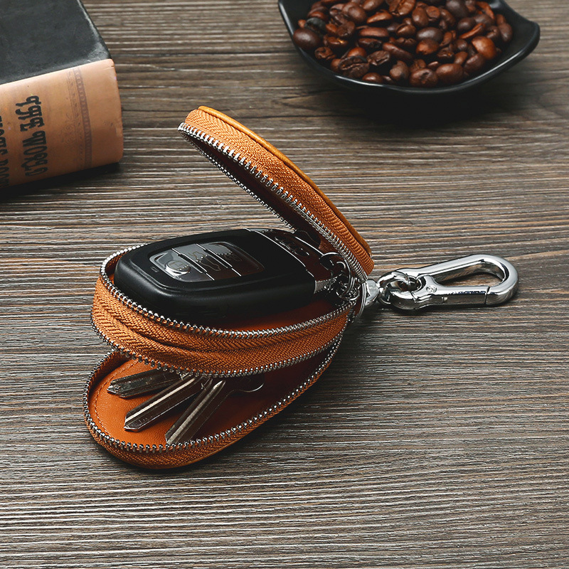 Retro Oil Wax Skin Car Key Case Foreign Trade Genuine Leather Double Zipper Multifunctional Car Key Case European and American Key Bag