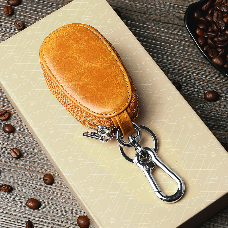 Retro Oil Wax Skin Car Key Case Foreign Trade Genuine Leather Double Zipper Multifunctional Car Key Case European and American Key Bag