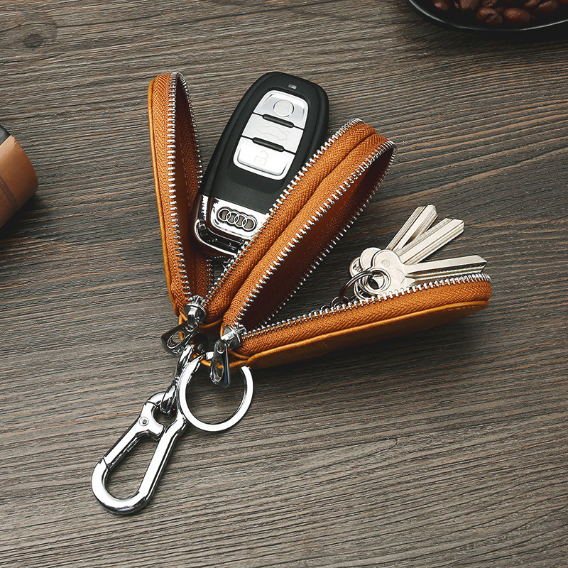 Retro Oil Wax Skin Car Key Case Foreign Trade Genuine Leather Double Zipper Multifunctional Car Key Case European and American Key Bag