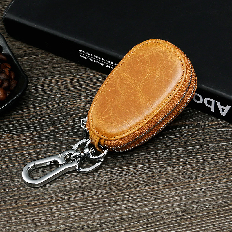 Retro Oil Wax Skin Car Key Case Foreign Trade Genuine Leather Double Zipper Multifunctional Car Key Case European and American Key Bag