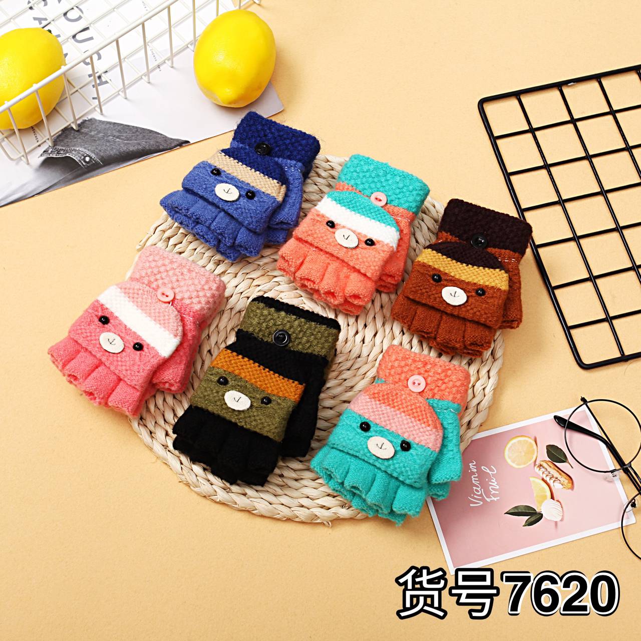 Fiber-finger gloves half-finger children&#039;s knitted gloves cartoon children&#039;s lovely gloves manufacturers direct sales
