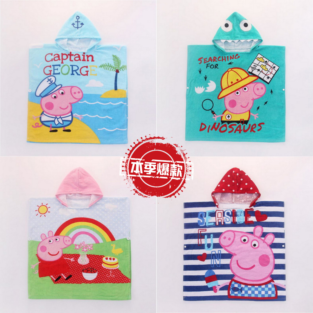 Korean Cartoon Piggy Children&#039;s Pullover Bathrobe Super Soft Absorbent Printed Cut Velvet Beach Towel Pure Cotton Towel Material Bath Towel