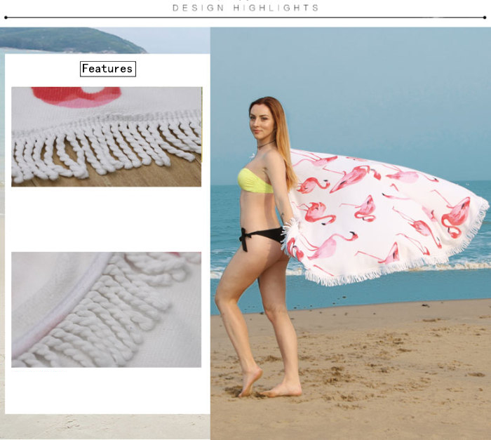 Active Printing Crane Round Beach Towel Microfiber Blanket with Tassel Yoga Mat